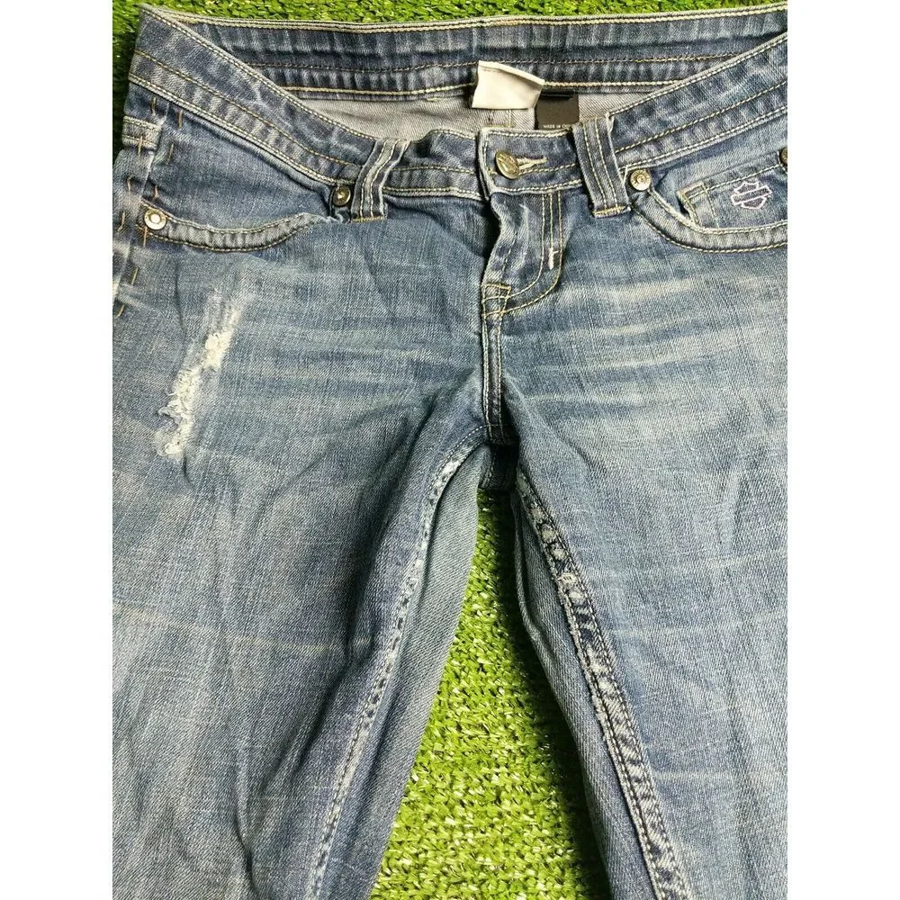 Harley-Davidson Blue Boot Cut Jeans with Classic Distressing - Picture 5 of 10